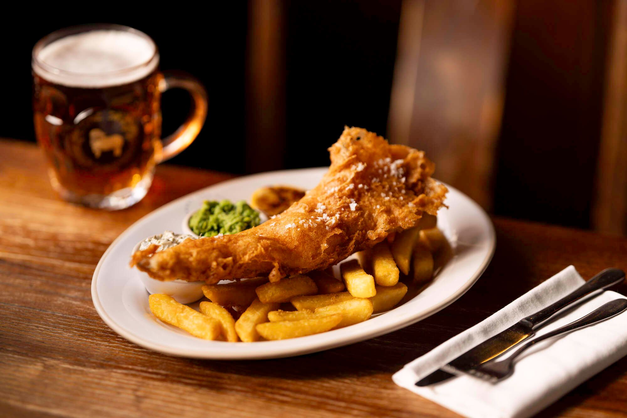 Classic Fish and chips with a pint of ale at The Chequers Inn, Hanham near Bristol